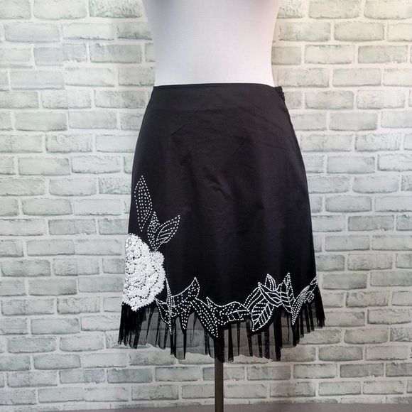 Vintage 90s Cache Womens 6 Black Skirt Beaded Sequin Floral Tulle Trim Aline - Picture 1 of 7